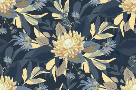 Illustration with yellow chrysanthemums and blue cornflowersのイラスト素材