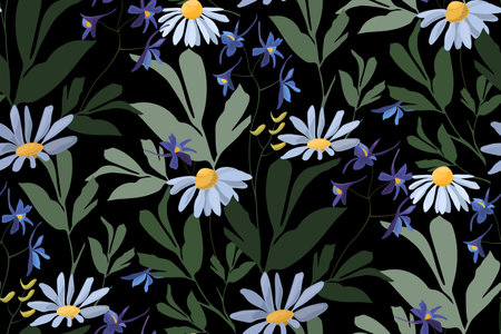 Vector floral seamless pattern. Design with wild flowers and herbs on a black background.のイラスト素材