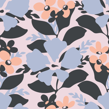 Vector floral seamless pattern. Blue and beige flowers, dark leavesのイラスト素材