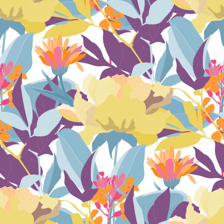 Vector floral seamless pattern. Yellow, orange flowers, blue and purple leavesのイラスト素材