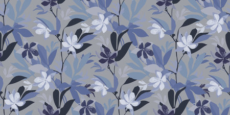 Vector floral seamless pattern in shades of blue and purple. Aquilegia flowers.のイラスト素材