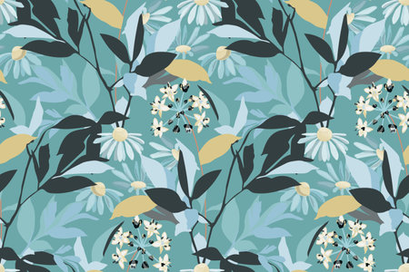 Vector floral seamless pattern. Flowers with leaves isolated on a turquoise background.のイラスト素材