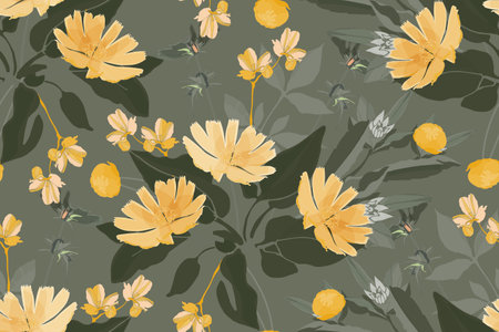 Vector floral seamless pattern. Yellow Succory, chicory flowersのイラスト素材