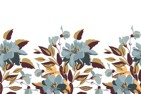 Vector floral seamless pattern, border with flowers and leaves on a white background. Vector illustrationのイラスト素材