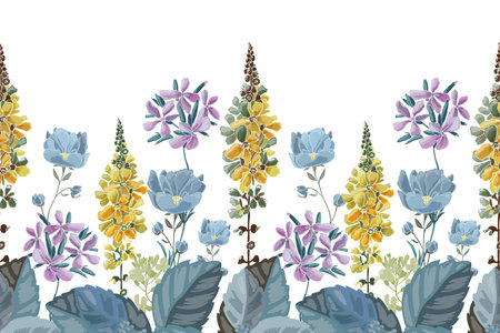 Vector floral seamless pattern, border. Blue and yellow flowers and herbs on a white background.のイラスト素材