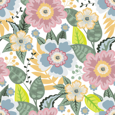 Vector floral seamless pattern with simple flowers, leaves, twigs. Colorful plants on a white background.のイラスト素材
