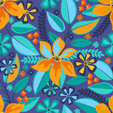 Vector floral seamless pattern with flowers, leaves, twigs, berries. Colorful plants on a blue background.のイラスト素材