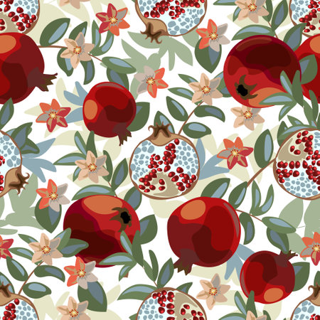 Art floral vector seamless pattern. Pomegranate tree with maroon fruits, green, blue and beige leaves. Ripe pomegranates with grains and flowers isolated on a white background.のイラスト素材