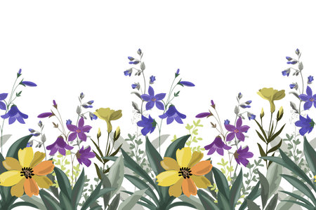 Floral seamless horizontal pattern, border with meadow flowers. Vector flowers, leaves, herbs on a white background.のイラスト素材