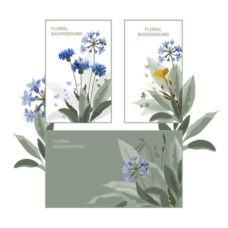 Floral artistic backgrounds for greeting, invitation and business cards, templates, layouts and more. Vector design with blue flowers, green leaves.のイラスト素材