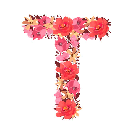 Vector floral letter, capital character T. Botanical monogram. Pink, red, beige, coral color flowers in the shape of a bold letter isolated on a white background. Peonies, lilies wのイラスト素材