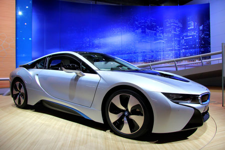 FRANKFURT AM MAIN, GERMANY - SEPTEMBER 14  German electic car BMW i8 exhibited at the annual IAA  Internationale Automobil Ausstellung  on September 14, 2013 in Frankfurt am Main, Germany のeditorial素材