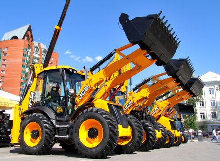 UFA, RUSSIA - MAY 22  Line of JCB machinery at the annual International exhibition  Gas  Oil ...