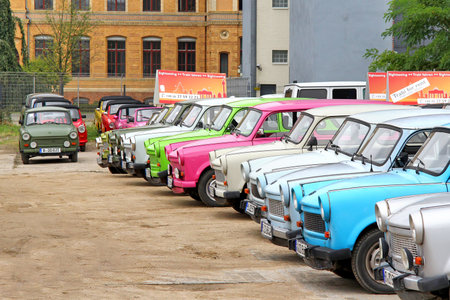 BERLIN, GERMANY - SEPTEMBER 12, 2013  Trabant retro vehicles at the parking of the Trabi Safari touristic service のeditorial素材