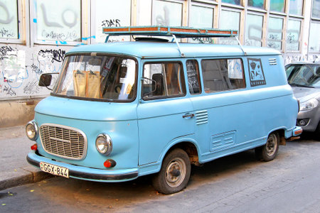 BUDAPEST, HUNGARY - JULY 23, 2014: Cyan retro van Barkas B1000 at the city street.のeditorial素材