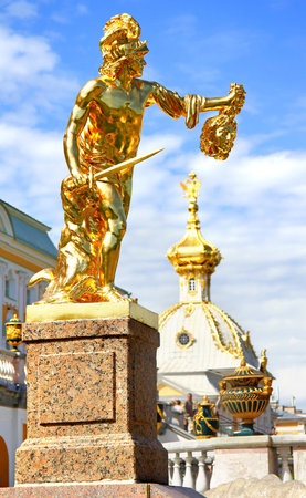 Golden statue of Perseus with the Head of Medusa in the Grand Cascade Fountain in Peterhof Grand Palace, Saint Petersburg, Russiaのeditorial素材