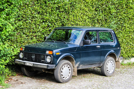 MONTREUX, SWITZERLAND - AUGUST 6, 2014: Motor car Lada Niva at the city street.のeditorial素材