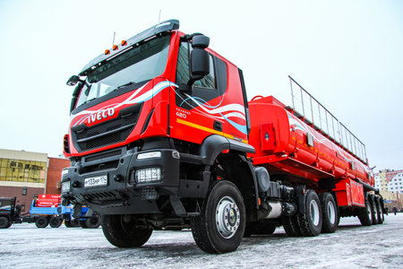NOVYY URENGOY, RUSSIA - OCTOBER 8, 2014: Modern semi-trailer truck IVECO AMT 6339 Trakker at the...