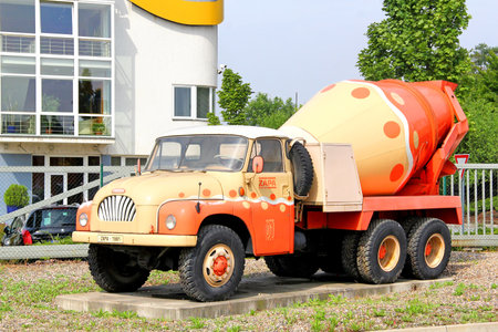 PRAGUE, CZECH REPUBLIC - JULY 22, 2014: Monument of the vintage concrete mixer truck Tatra 138 near the Zapa Beton a.s. trade center.のeditorial素材