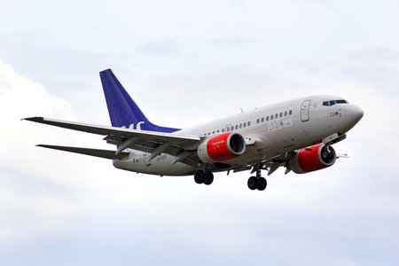 BERLIN, GERMANY - AUGUST 17, 2014: SAS Scandinavian Airlines Boeing 737 arrives to the Tegel International Airport.のeditorial素材