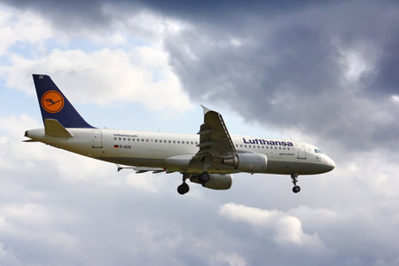 BERLIN, GERMANY - AUGUST 17, 2014: Lufthansa Airbus A320 arrives to the Tegel International Airport.