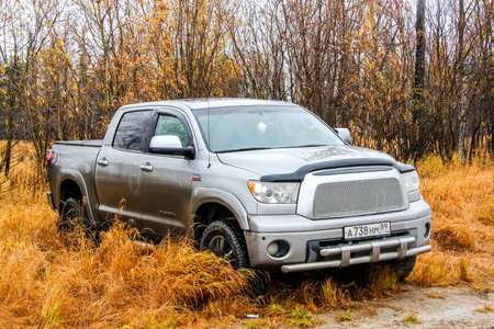 NOVYY URENGOY, RUSSIA - SEPTEMBER 19, 2015: Motor car Toyota Tundra at the autumn tundra.