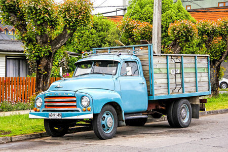 PUCON, CHILE - NOVEMBER 20, 2015: Old truck Opel Blitz at the village street.のeditorial素材