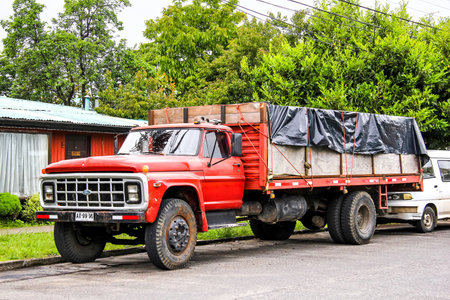 PUCON, CHILE - NOVEMBER 20, 2015: Old truck Ford F-series at the village street.のeditorial素材