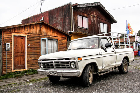 VILLARRICA, CHILE - NOVEMBER 20, 2015: Old pickup truck Ford F-100 at the town street.のeditorial素材