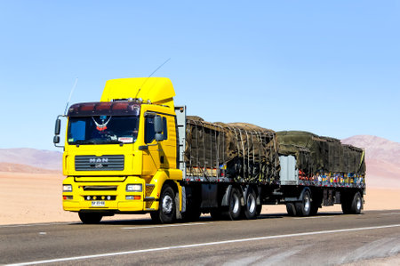 ATACAMA, CHILE - NOVEMBER 14, 2015: Modern truck MAN TGA at the interurban freeway through the Atacama desert.のeditorial素材