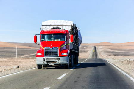 ATACAMA, CHILE - NOVEMBER 14, 2015: Red semi-trailer truck Mack Vision at the interurban freeway throught the Atacama Desert (Ruta del Desierto).のeditorial素材