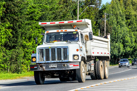 PEURTO VARAS, CHILE - NOVEMBER 21, 2015: Old dump truck International S-series in the town street.のeditorial素材