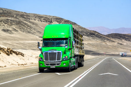 ATACAMA, CHILE - NOVEMBER 14, 2015: Semi-trailer truck Freightliner Cascadia at the road through the Atacama desert (Ruta del Desierto).のeditorial素材