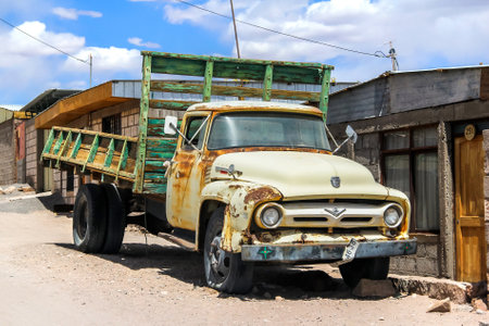 TOCONAO, CHILE - NOVEMBER 15, 2015: Old flat-bed truck Ford F-300 in the village street.のeditorial素材
