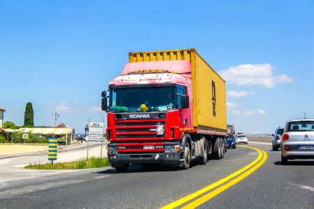 TUSCANY, ITALY - AUGUST 1, 2014: Semi-trailer truck Scania R460 at the interurban road.