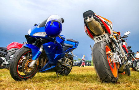 NOVYY URENGOY, RUSSIA - JUNE 25, 2016: Sport motorcycles Honda CBR-series at the countryside.のeditorial素材