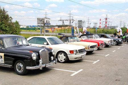 MOSCOW, RUSSIA - JUNE 2: Line of retro Mercedes-Benz vehicles taking part at the annual Panauto...