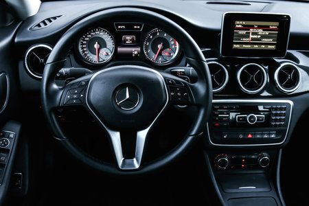 MOSCOW, RUSSIA - SEPTEMBER 1, 2016: Interior of the modern luxury car Mercedes-Benz C117 CLA200.のeditorial素材