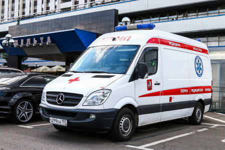MOSCOW, RUSSIA - SEPTEMBER 2, 2016: Ambulance car Mercedes-Benz Sprinter in the city street.のeditorial素材