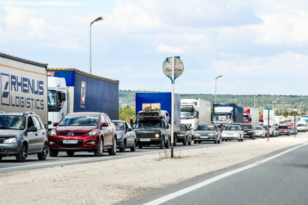TATARSTAN, RUSSIA - AUGUST 27, 2011: Huge traffic congestion at the interurban freeway.のeditorial素材