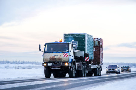 NOVYY URENGOY, RUSSIA - NOVEMBER 24, 2012: Old semi-trailer truck Steyr at the interurban road...