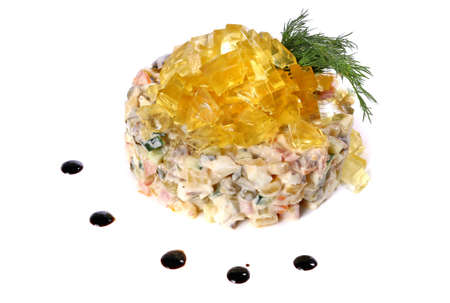 Salad of beef, ham and vegetables isolated over white background