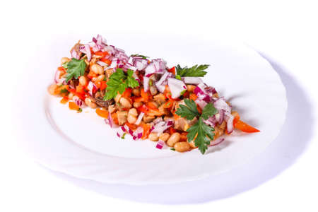 Salad of liver, onions and beans isolated over white backgroundの写真素材