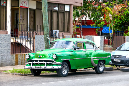 Havana, Cuba - June 6, 2017: Motor car Chevrolet Bel Air in the city street.のeditorial素材