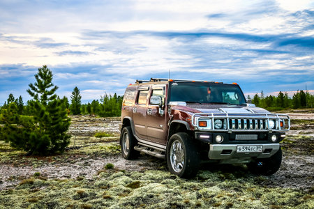 Novyy Urengoy, Russia - June 26, 2017: Off-road motor car Hummer H2 at the countryside.のeditorial素材