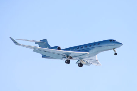 Novyy Urengoy, Russia - April 21, 2018: Private jet Gulfstream Aerospace G650 arrives to the Novyy...