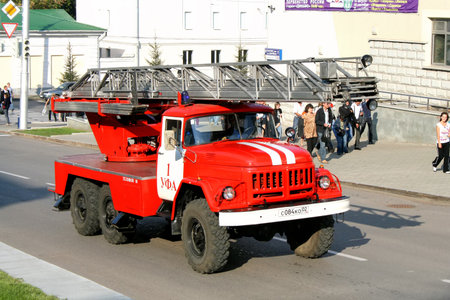 Ufa, Russia - September 12, 2009: Old fire ladder ZIL-131 AL-30 in the city street.