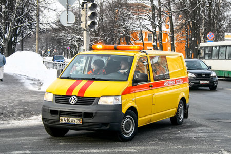 Saint Petersburg, Russia - February 11, 2011: Gas service truck Volkswagen Transporter in the city street.のeditorial素材