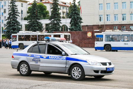 Ufa, Russia - August 27, 2009: Police car Mitsubishi Lancer in the city street.のeditorial素材