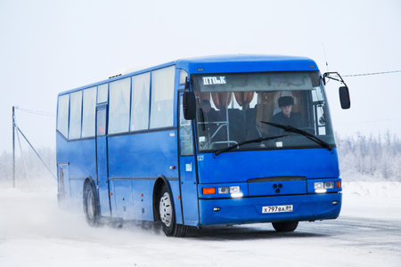 Pangody, Russia - December 1, 2012: Intercity coach bus TAM 222A110 at the interurban road.のeditorial素材